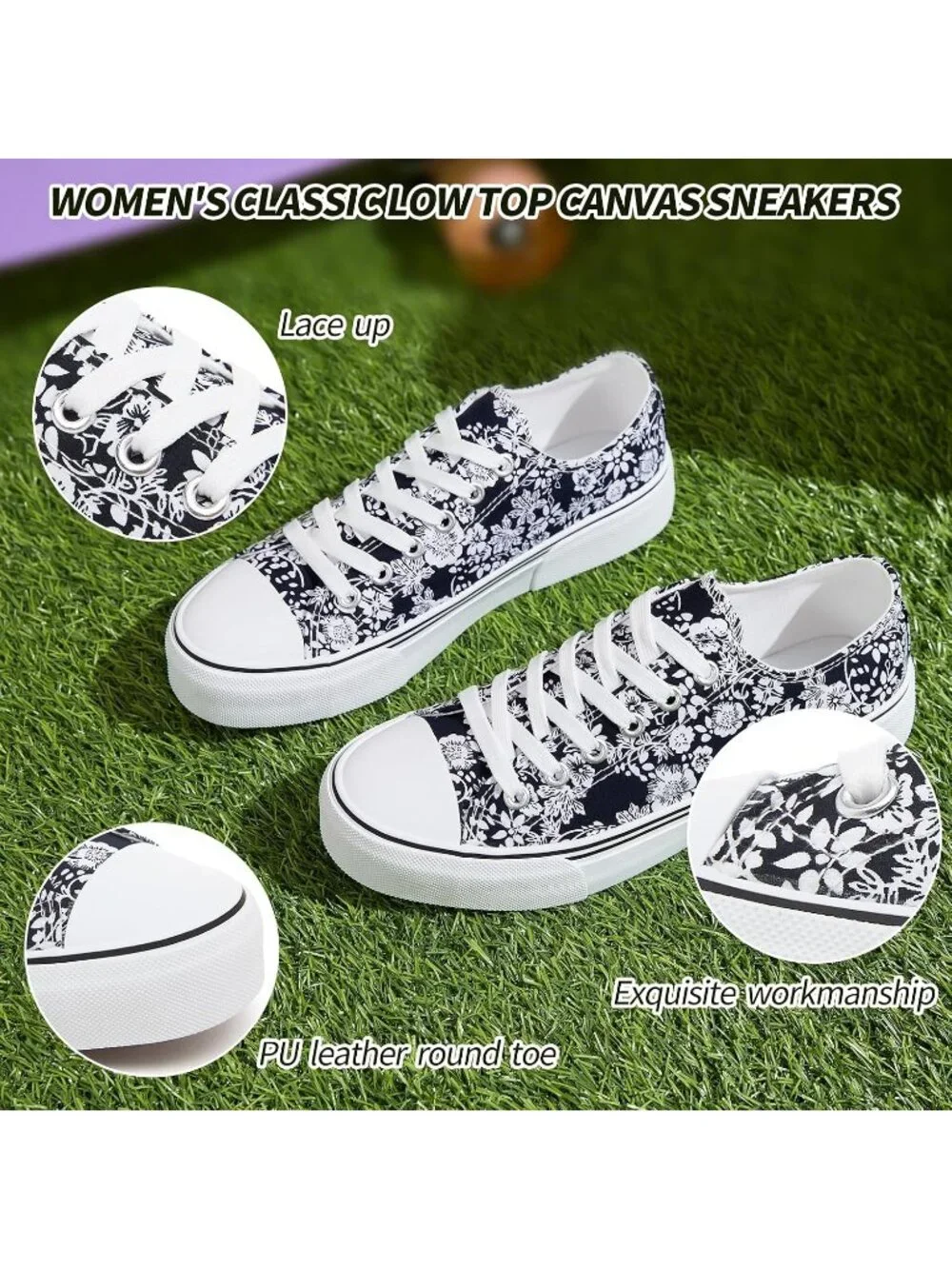 Women's Navy Flower Lightweight Low Top Lace Up Casual Fashion Walking Sneakers